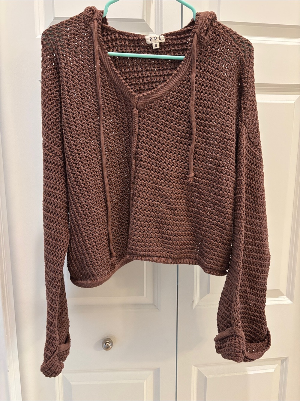 POL Brown Cropped Knit Hoodie Sweater
